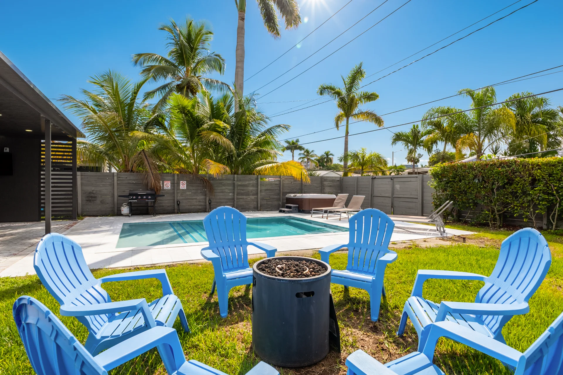 Firepit seating area on the lawn